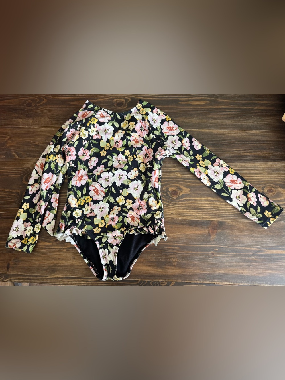 Girl’s Floral Long Sleeve One-Piece Swimsuit - Black with Pink & Cream Flowers